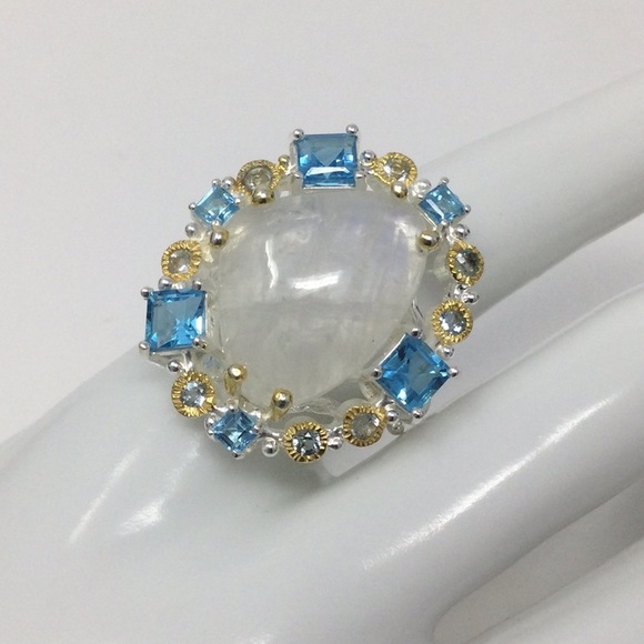 Genuine Moonstone & Emerald Cut Topaz Ring - Picture 6 of 8